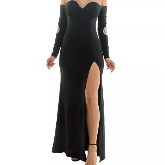 Juniors' Strapless Rhinestone Applique on Sleeve Bodycon Mermaid Gown - Picture 4 of 5